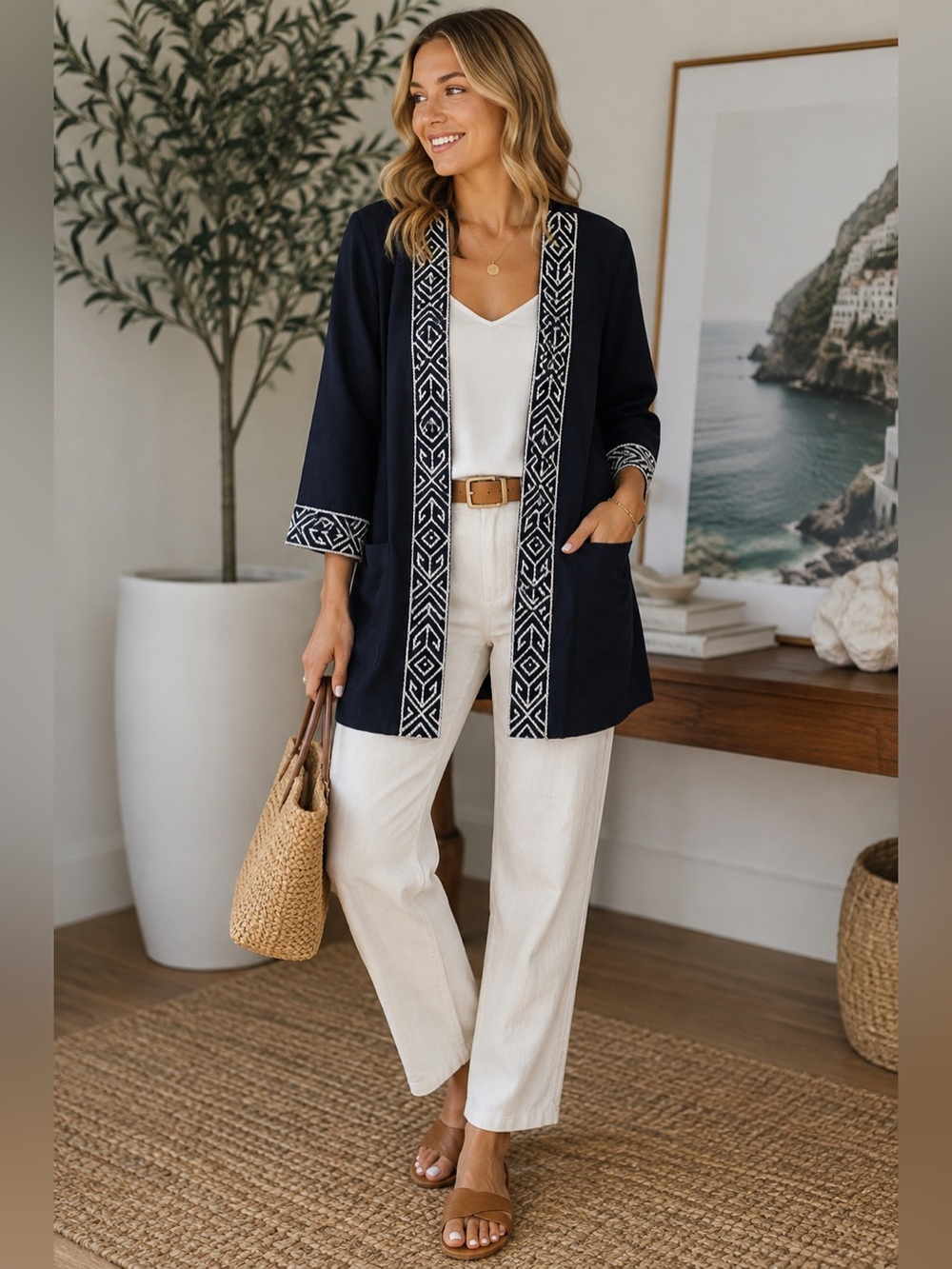Algo Carmina Geometric Embroidered Jacket Blue & White